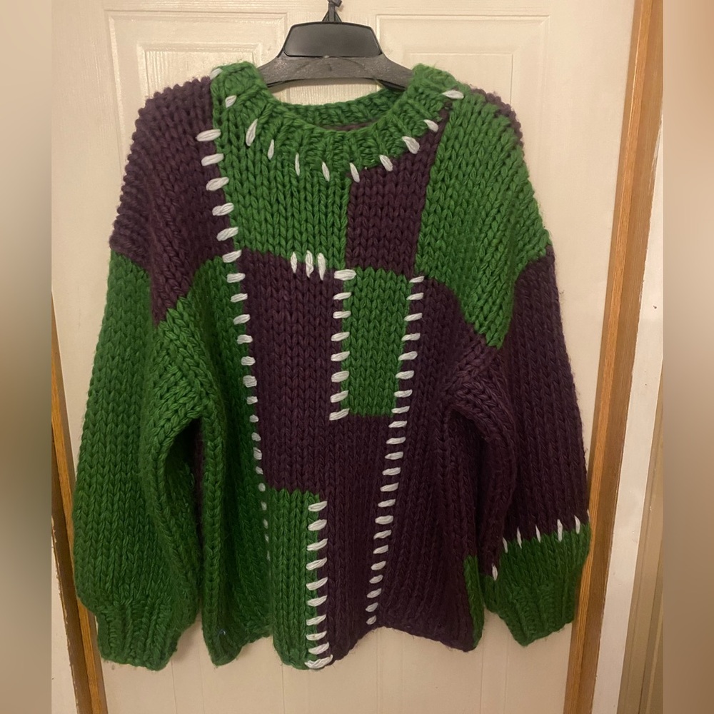 POL Chunky Colorblock Green & Plum Knit Sweater